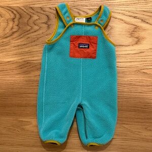 Patagonia Baby Teal Fleece Overalls with Orange Pocket 3-6mo